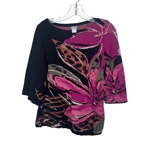 Chicos Womens Sweater M Black Pink Floral Leopard Print 3/4 Sleeve Boat Neck